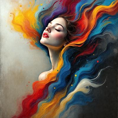 The primary subject of the image is a woman with long, flowing hair. She is the main focus of the image, and her hair is the most prominent feature. The setting is a colorful, abstract background that complements the woman's hair. The visual style is a combination of digital art and illustration, creating a unique and artistic representation of the woman. The colors and mood of the image are vibrant and lively, with the woman's hair being the main source of color and energy.